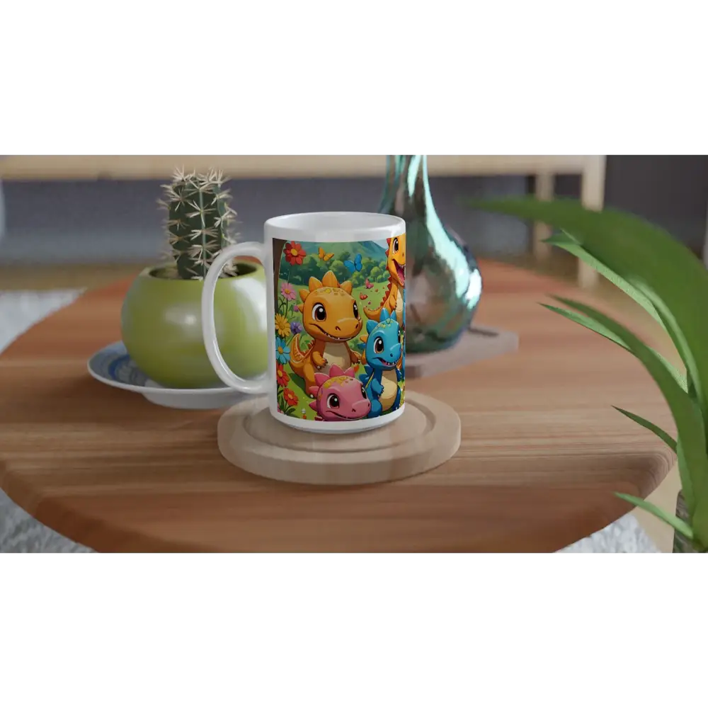 Cartoon dragon mug from Kawaii Dinos Mug Jurassic Joy Bloom PixiOnyx 15oz ceramic cup