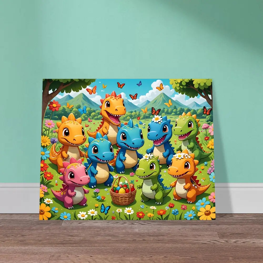 Cartoon Dinosaur Easter scene from Kawaii Dinos Poster Jurassic Joy Bloom PixiOnyx Fine Art Print