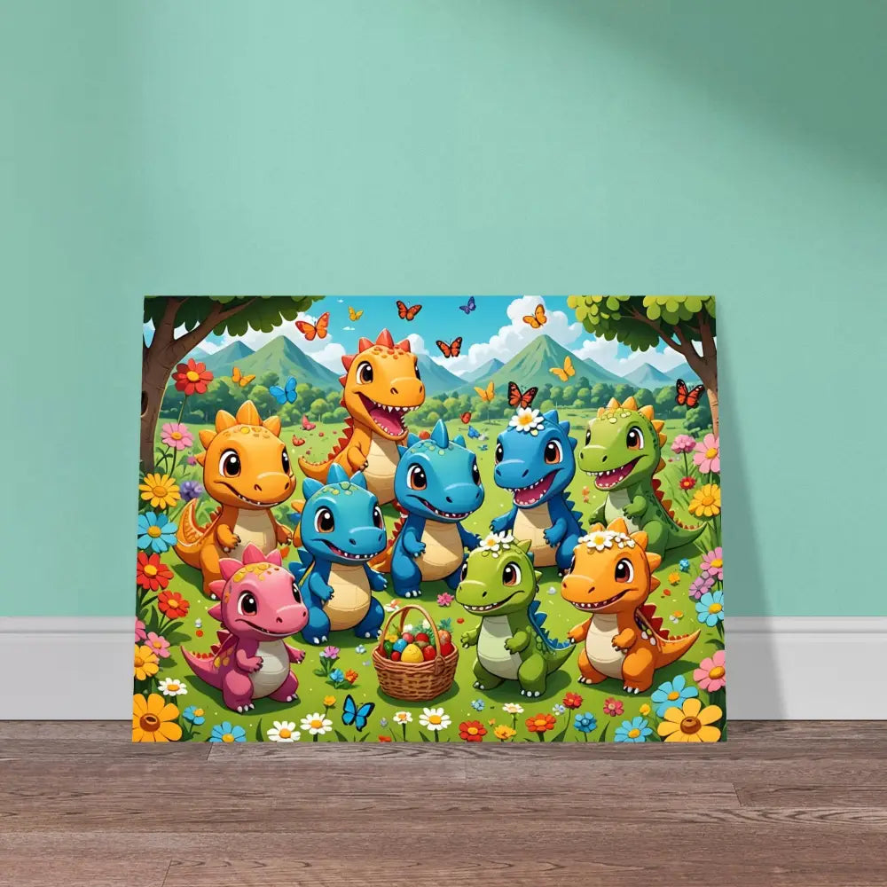 Cartoon dinosaur Easter scene on Kawaii Dinos Poster Jurassic Joy Bloom PixiOnyx Fine Art Print