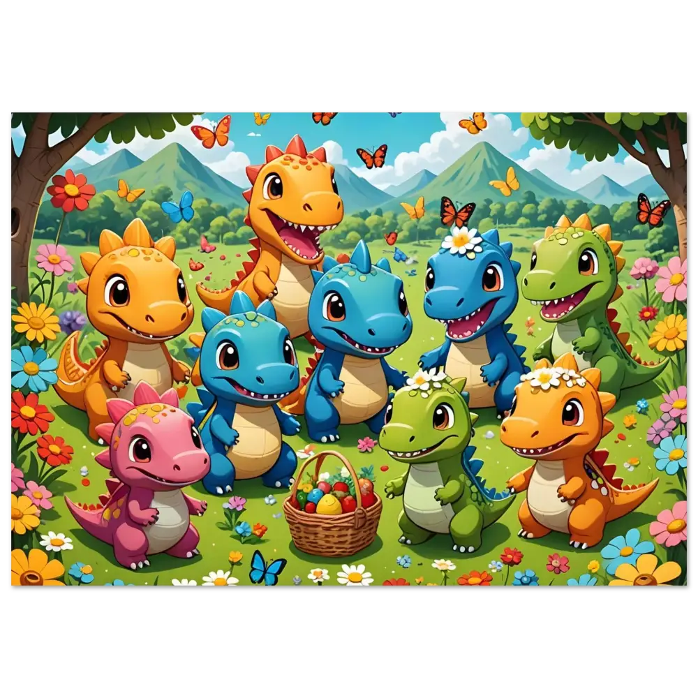 Cute Cartoon Dinosaurs with Easter Basket on Kawaii Dinos Poster Jurassic Joy Bloom