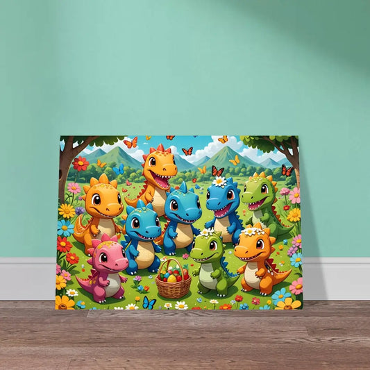 Cartoon dinosaur Easter scene on Kawaii Dinos Poster Jurassic Joy Bloom PixiOnyx Fine Art Print