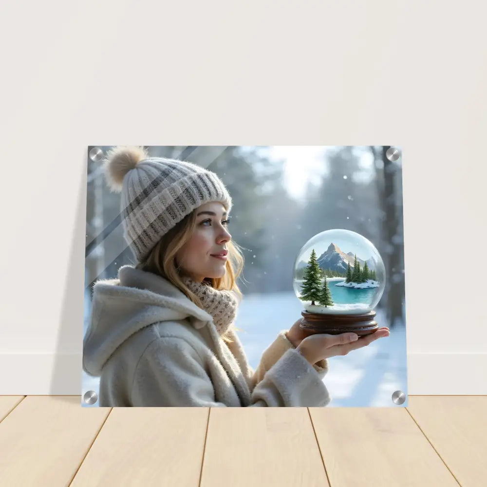 Acrylic wall print of a woman holding a snow globe by PixiOnyx Glass Depth Portrait
