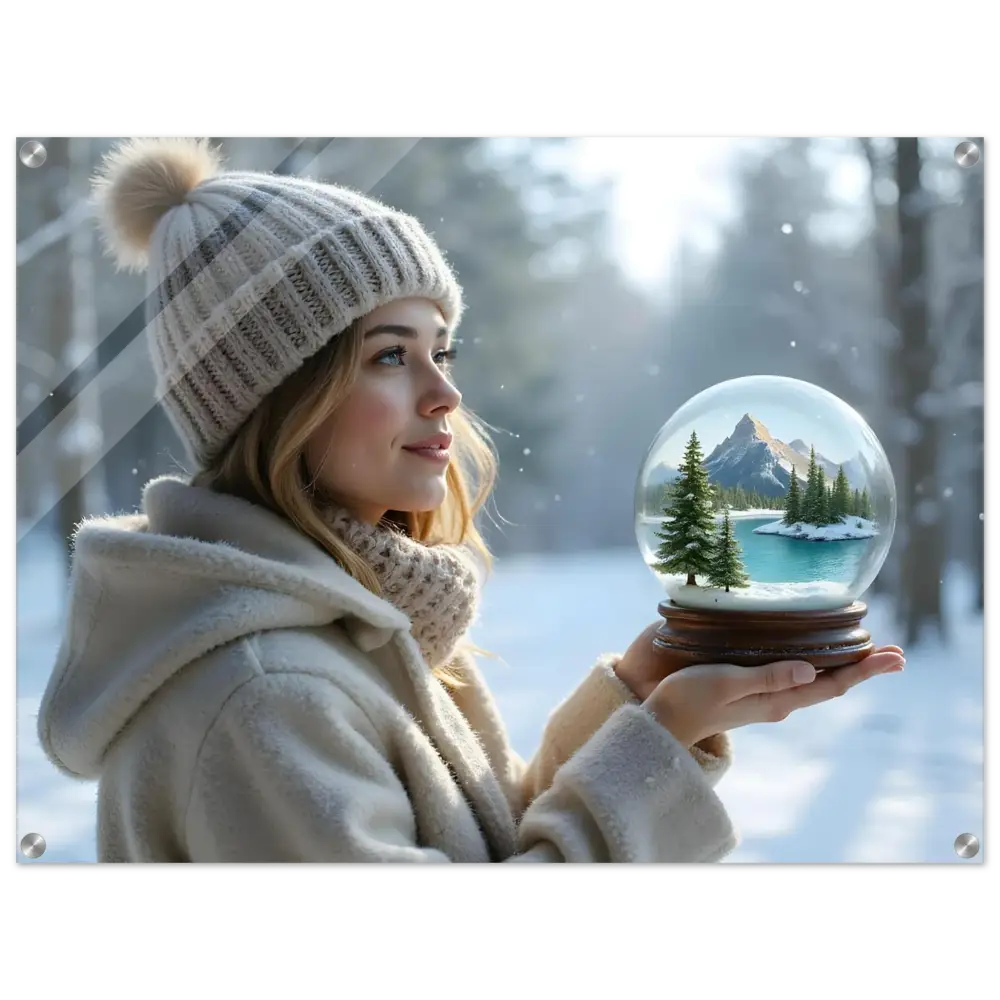 Woman holding snow globe in front of Kept in Glass Acrylic Wall Print PixiOnyx