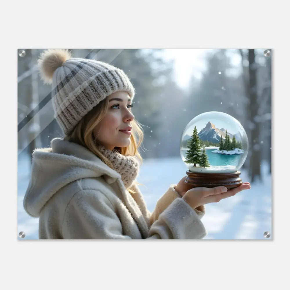 Winter scene snow globe displayed in Kept in Glass Acrylic Wall Print by PixiOnyx