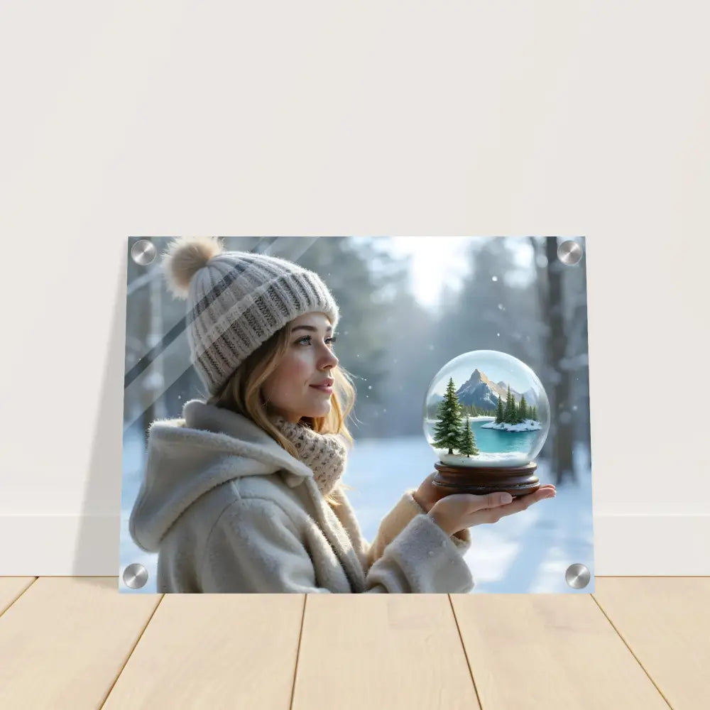 Acrylic wall print of a woman holding a snow globe for Kept in Glass PixiOnyx
