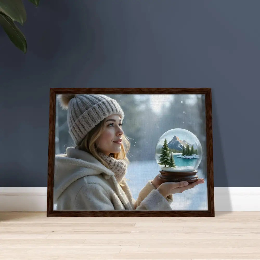 Framed winter scene with woman and snow globe in Kept in Glass PixiOnyx Premium Wall Art