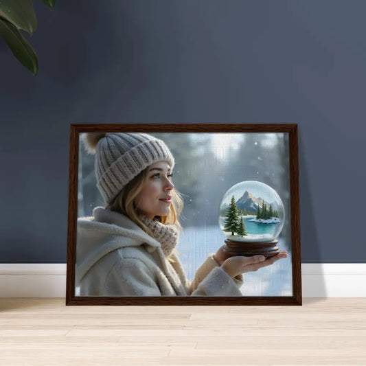 Framed winter scene with woman and snow globe in Kept in Glass PixiOnyx Premium Wall Art