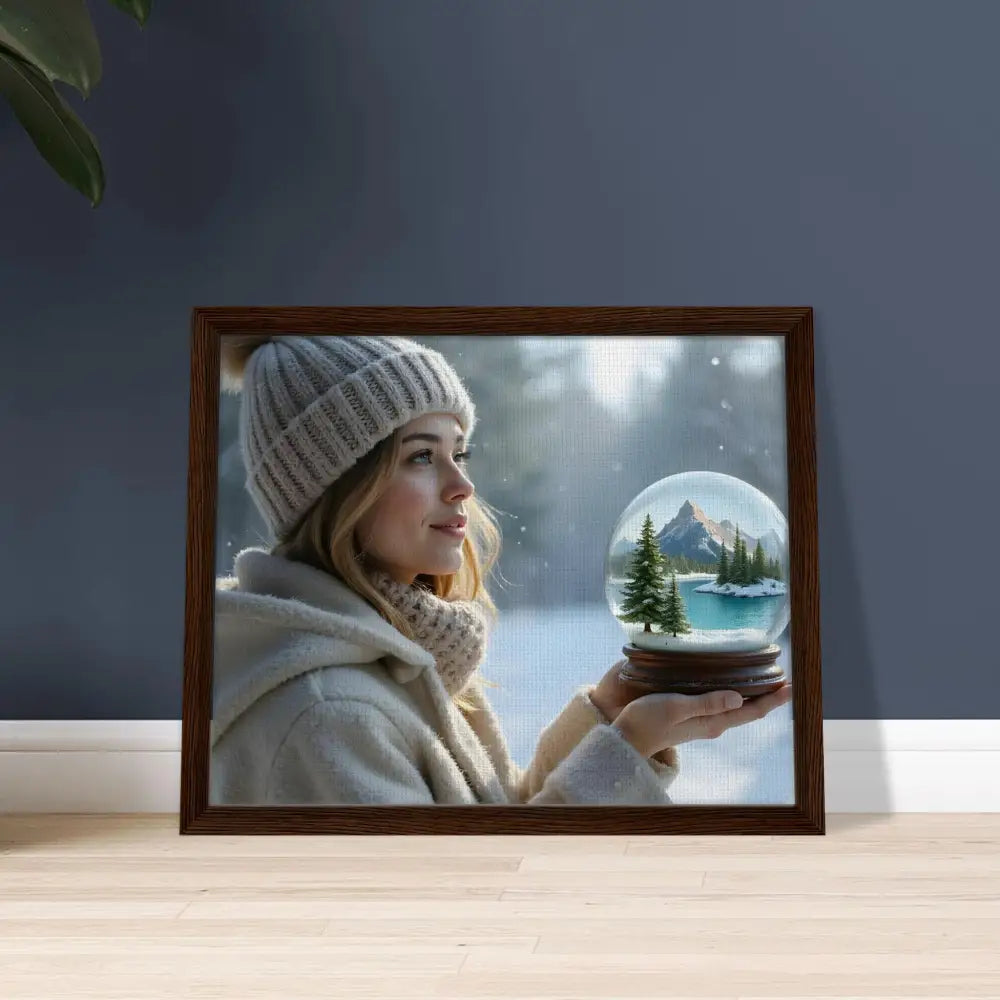 Framed winter scene with woman and snow globe from Kept in Glass Surreal Canvas Wall Art