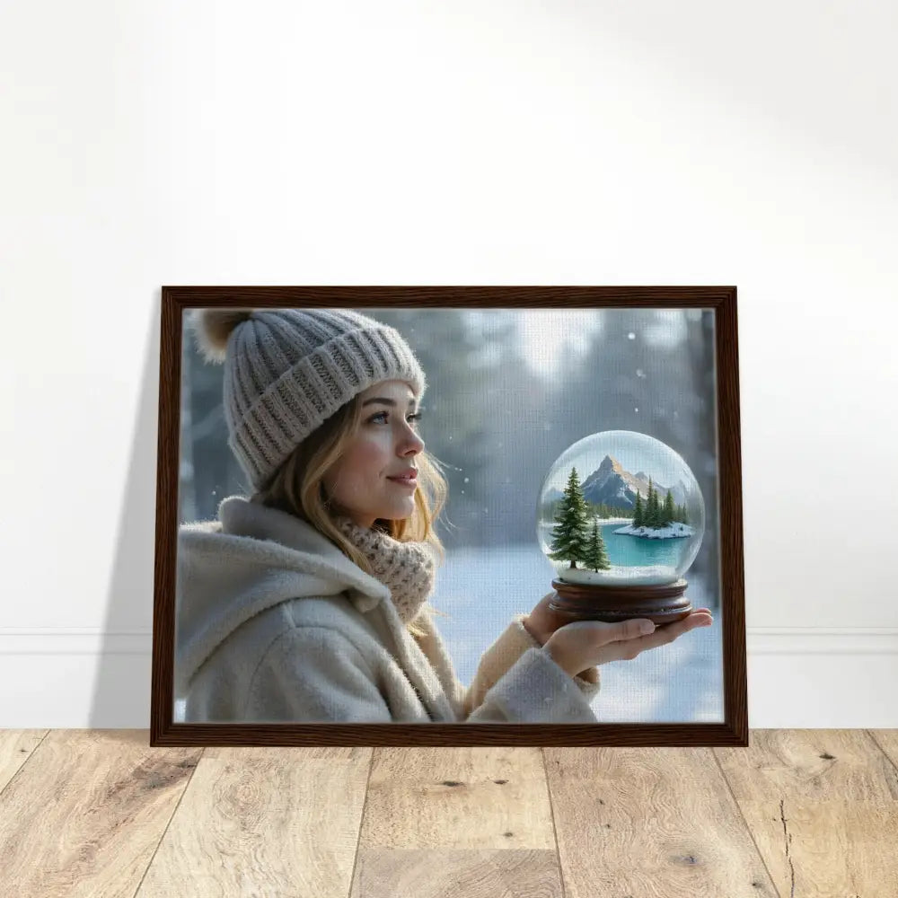 Framed winter scene with woman and snow globe art in Kept in Glass PixiOnyx Wall Art