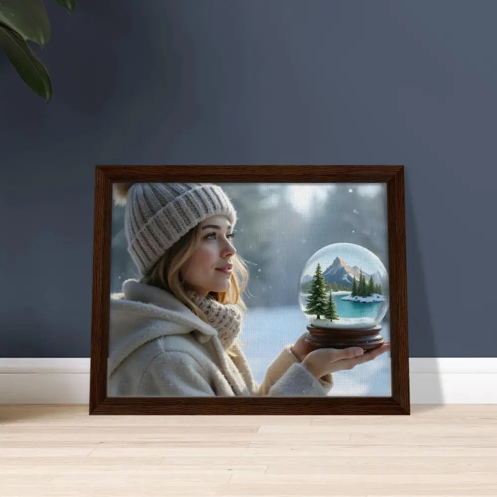 Framed winter scene with woman and snow globe on PixiOnyx Wall Art Canvas
