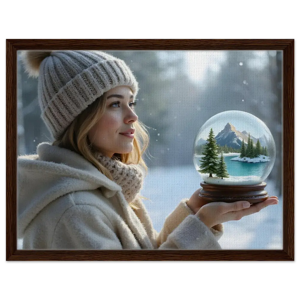 Framed winter scene with woman and snow globe on PixiOnyx premium wall art