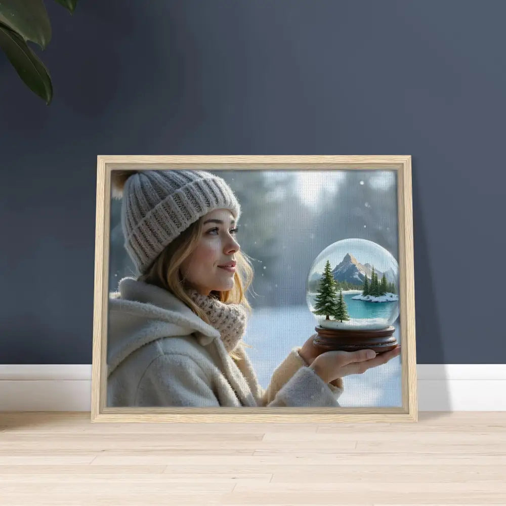 Framed winter scene with woman and snow globe in PixiOnyx Premium Wall Art