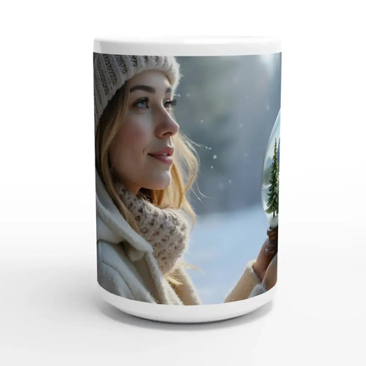 White ceramic mug featuring a winter scene and snowglobe design from PixiOnyx