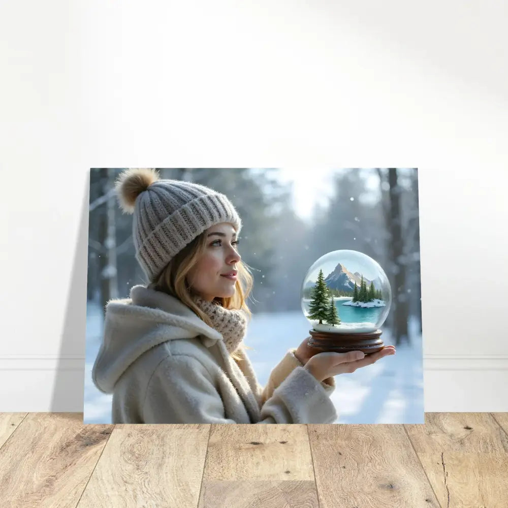 Winter scene art print featuring a surreal winter girl in a glass display by PixiOnyx