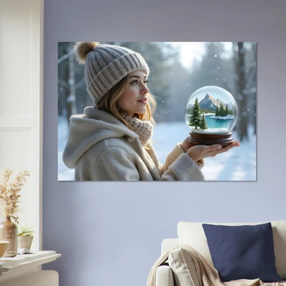 Wall art showing a woman holding a snow globe from Kept in Glass Fine Art Print