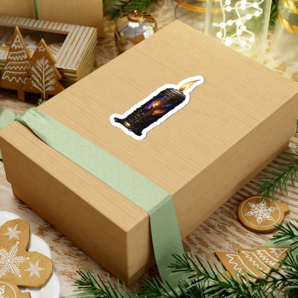 Gift-wrapped box with a Galactic Flame candle sticker from PixiOnyx Cosmic Accessory
