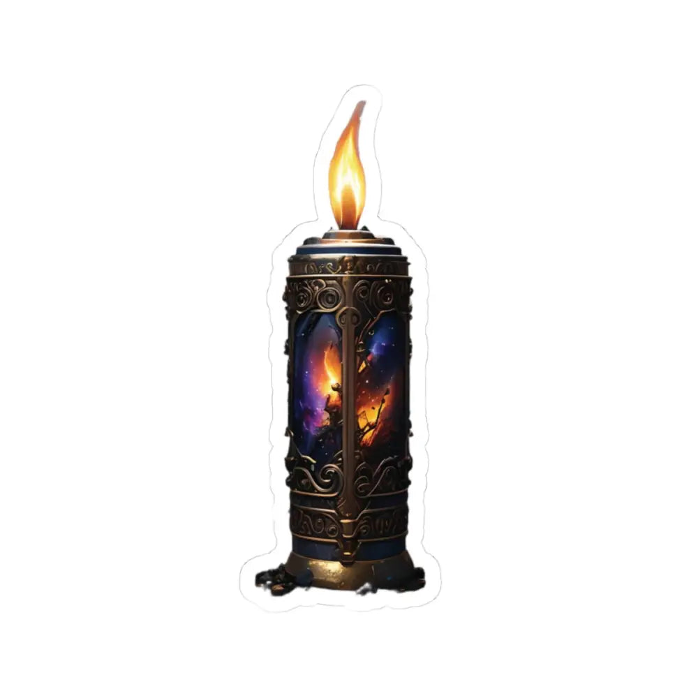 Ornate candle featuring a cosmic scene from Kiss-Cut Sticker Galactic Flame by PixiOnyx