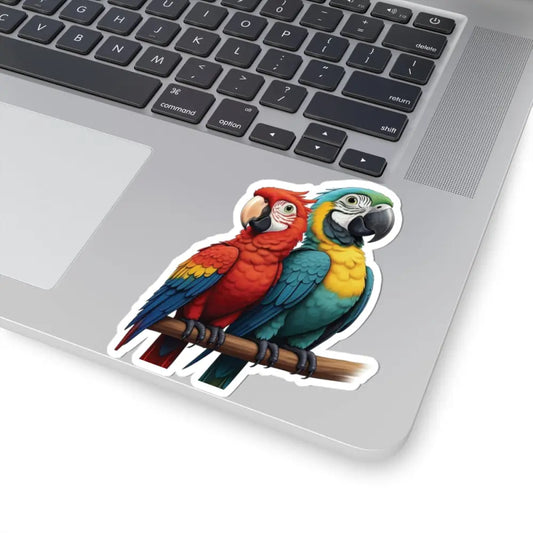 Colorful macaw parrots on a branch kiss-cut sticker from PixiOnyx Tropical Icon Series