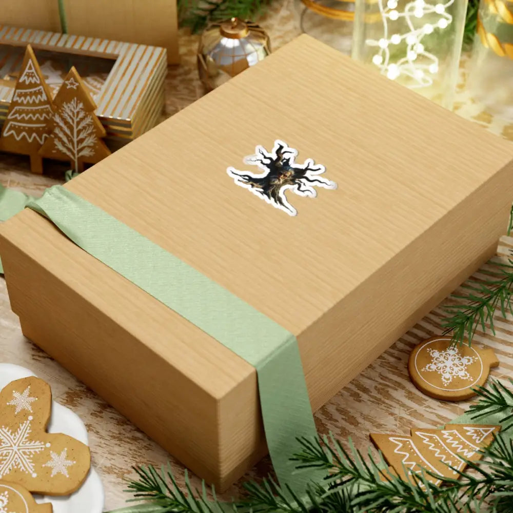 Wrapped gift box with sticker featuring Mystical Tree Spirit from PixiOnyx Nature Guardian Series