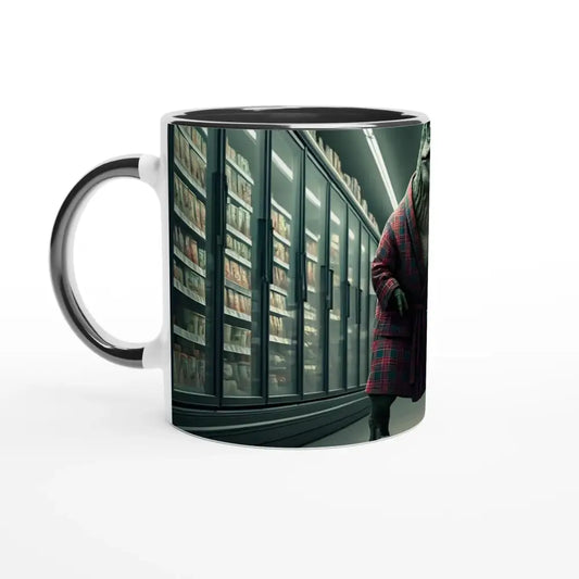 Mug with dinosaur in a robe at grocery store from PixiOnyx Dino Loungeware featuring colorful interior