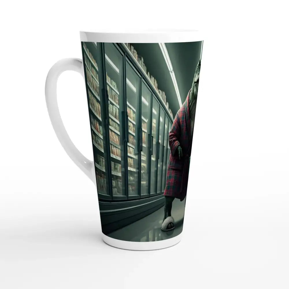 Latte mug with library scene from Late-Night Grocery Rex PixiOnyx Comedy Creature Cup