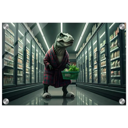 Dinosaur shopping in a robe for grocery night acrylic wall print PixiOnyx decor