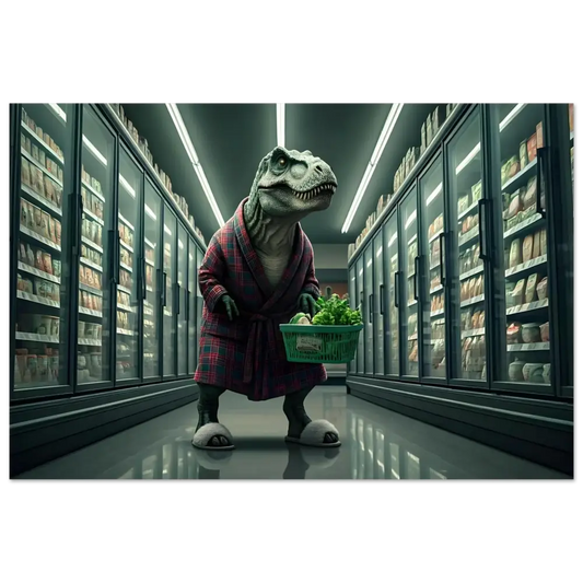 Dinosaur in robe shopping for groceries for Late-Night Grocery Rex Aluminum Print