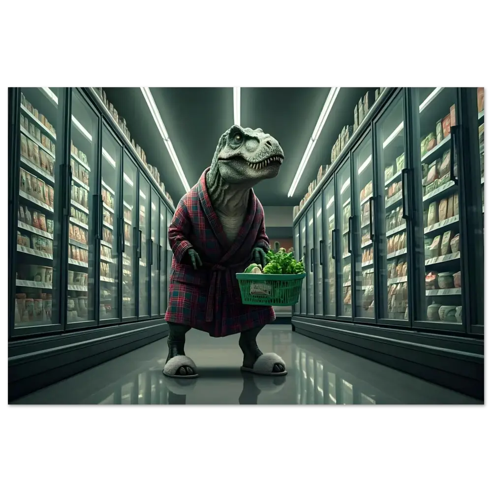 Dinosaur in robe shopping for greens on futuristic metal art aluminum print