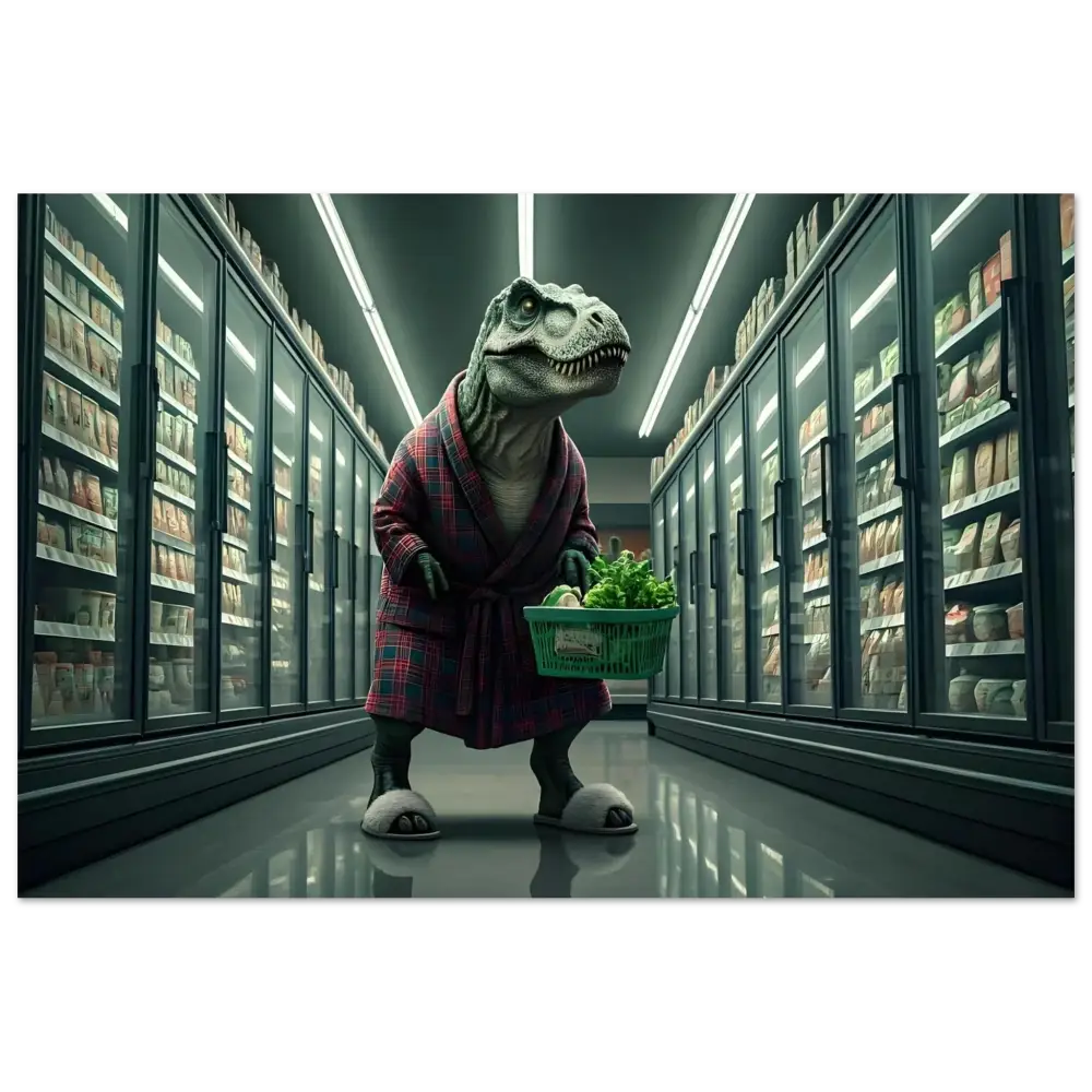 Dinosaur in robe shopping for groceries in futuristic comedy metal art aluminum print