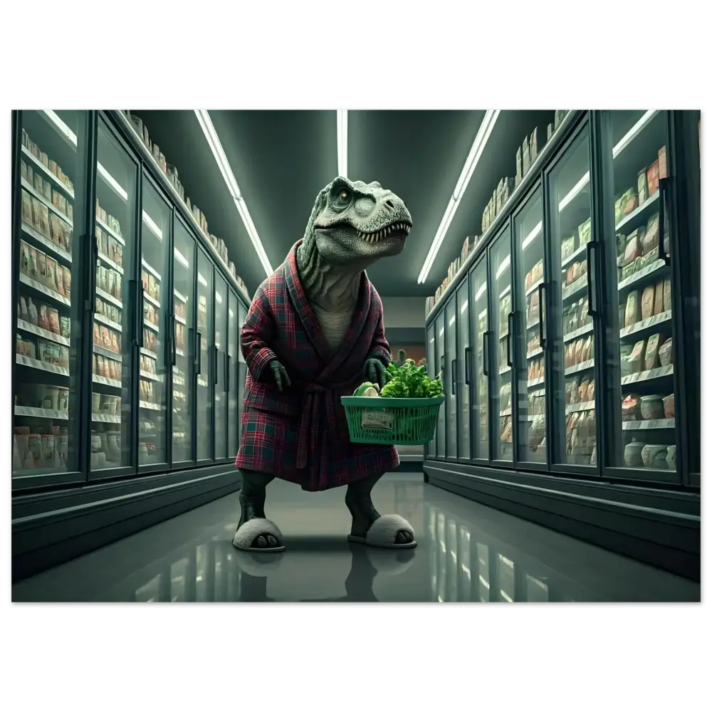 Dinosaur in robe shopping for groceries in futuristic comedy metal art aluminum print
