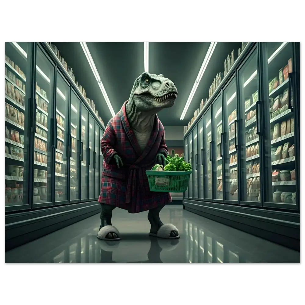 Dinosaur in robe with shopping basket on PixiOnyx Futuristic Comedy Metal Art aluminum print