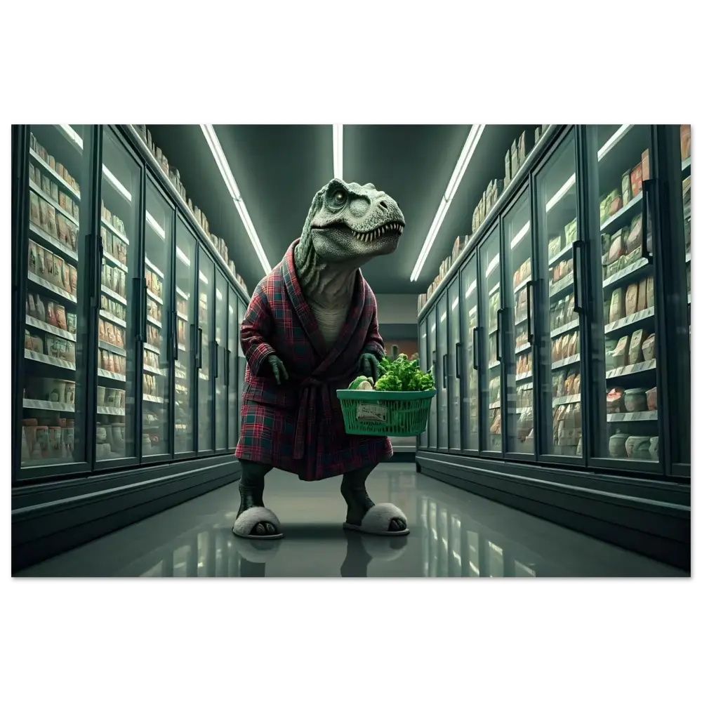 Dinosaur in robe holding shopping basket for Late-Night Grocery Rex aluminum print