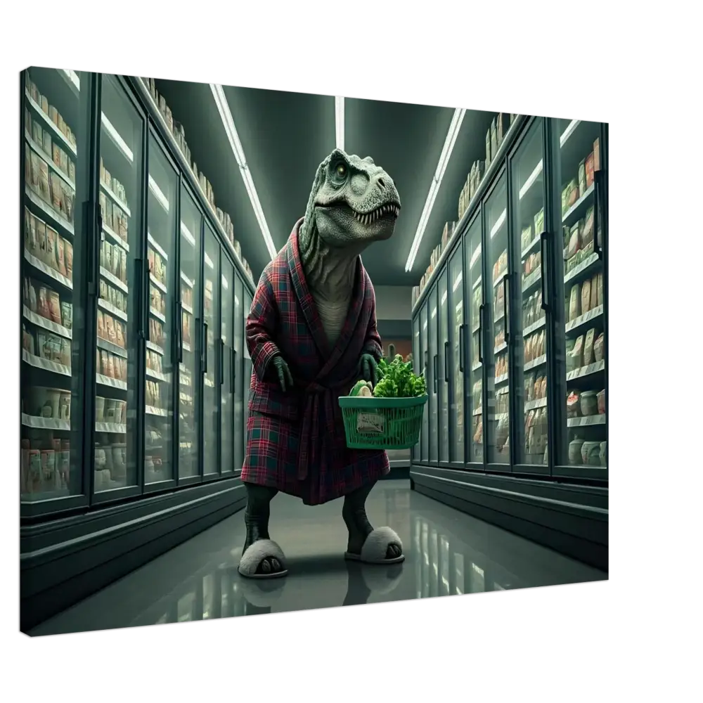 Dinosaur in robe holding groceries for Late-Night Grocery Rex Canvas Wall Art