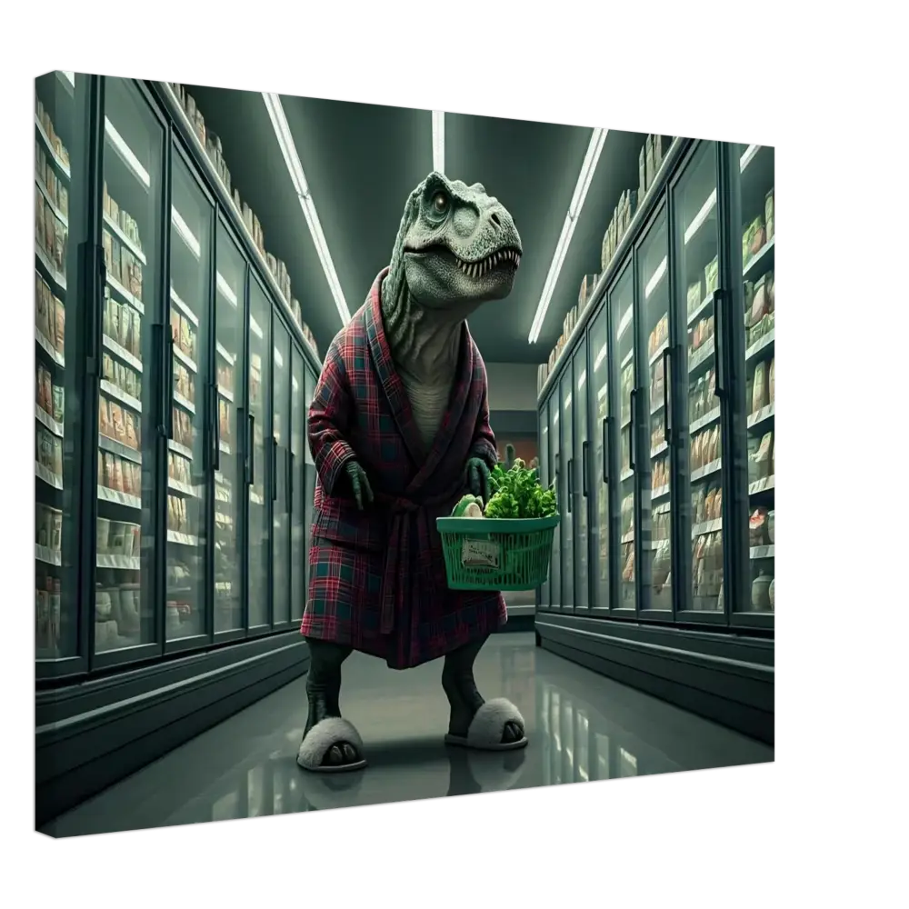Dinosaur in robe shopping for vegetables wall art featuring a humorous creature print