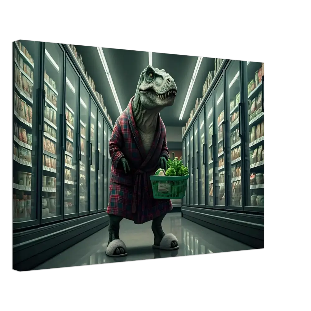 Dinosaur in robe shopping for greens depicted in Late-Night Grocery Rex Canvas Wall Art