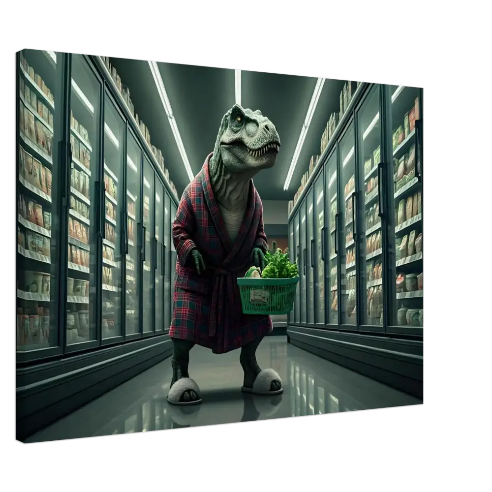 Dinosaur wearing a robe carrying groceries in a humorous wall art print by PixiOnyx