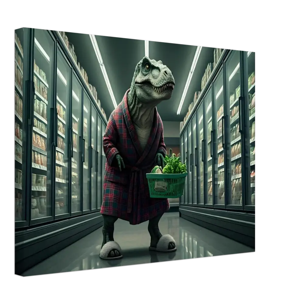 Dinosaur in robe shopping for groceries on a canvas wall art titled Late-Night Grocery Rex