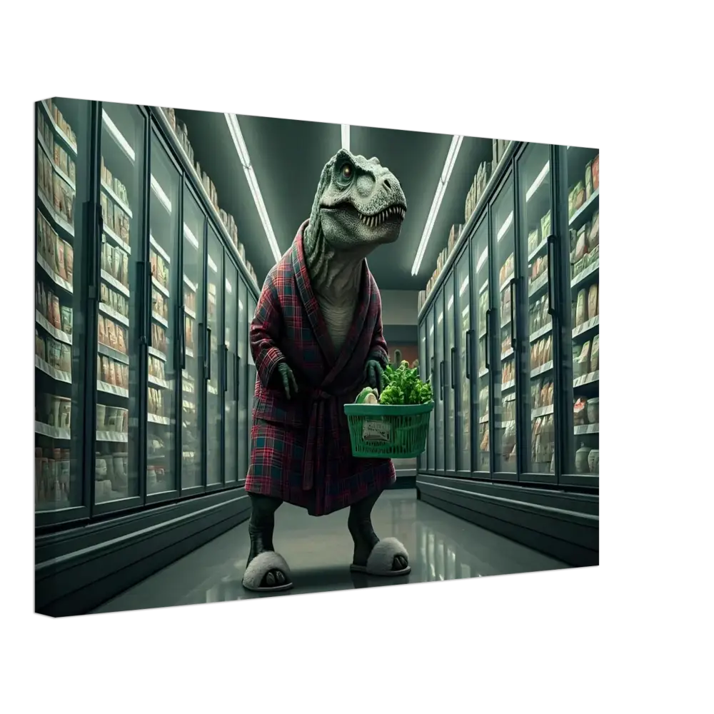 Dinosaur wearing a robe shopping for greens on canvas wall art titled Late-Night Grocery Rex