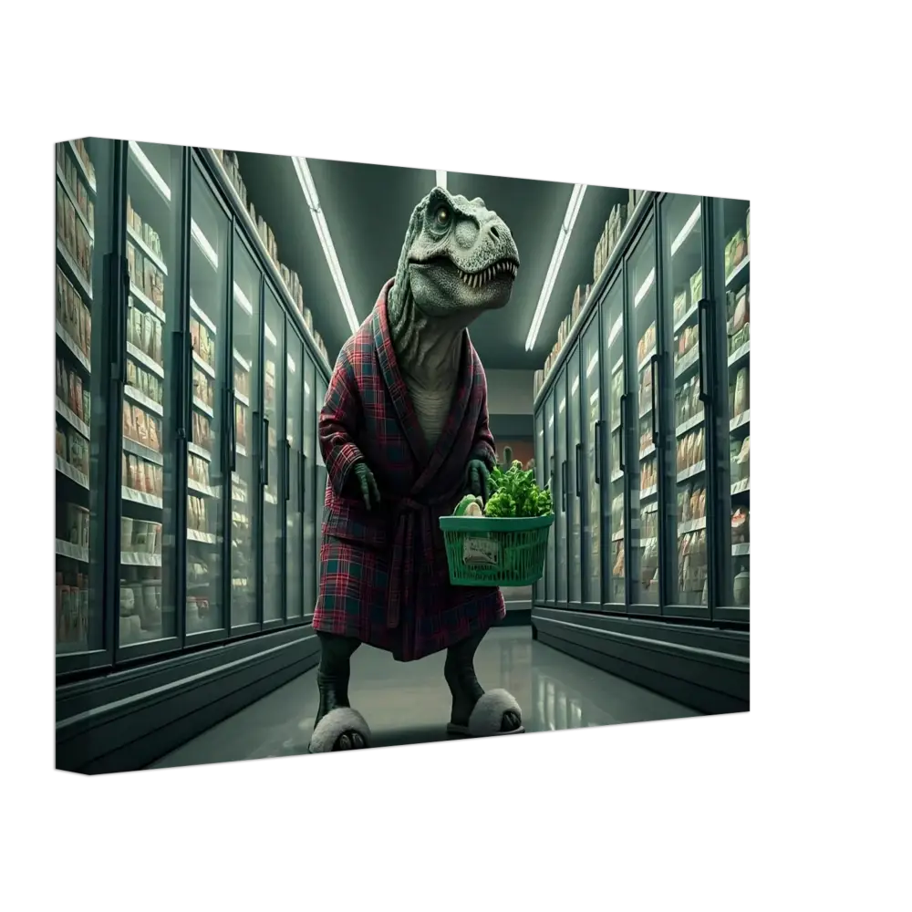 Dinosaur wearing a robe shopping for groceries in a humorous canvas wall art print