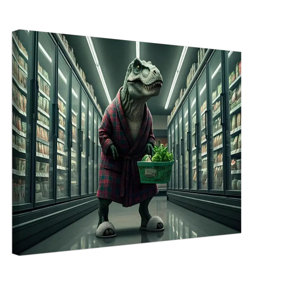 Dinosaur in robe shopping for greens displayed in Late-Night Grocery Rex Canvas Wall Art