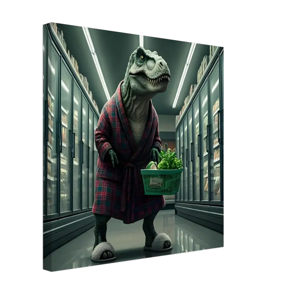 Dinosaur in robe holding a shopping basket on canvas wall art Late-Night Grocery Rex