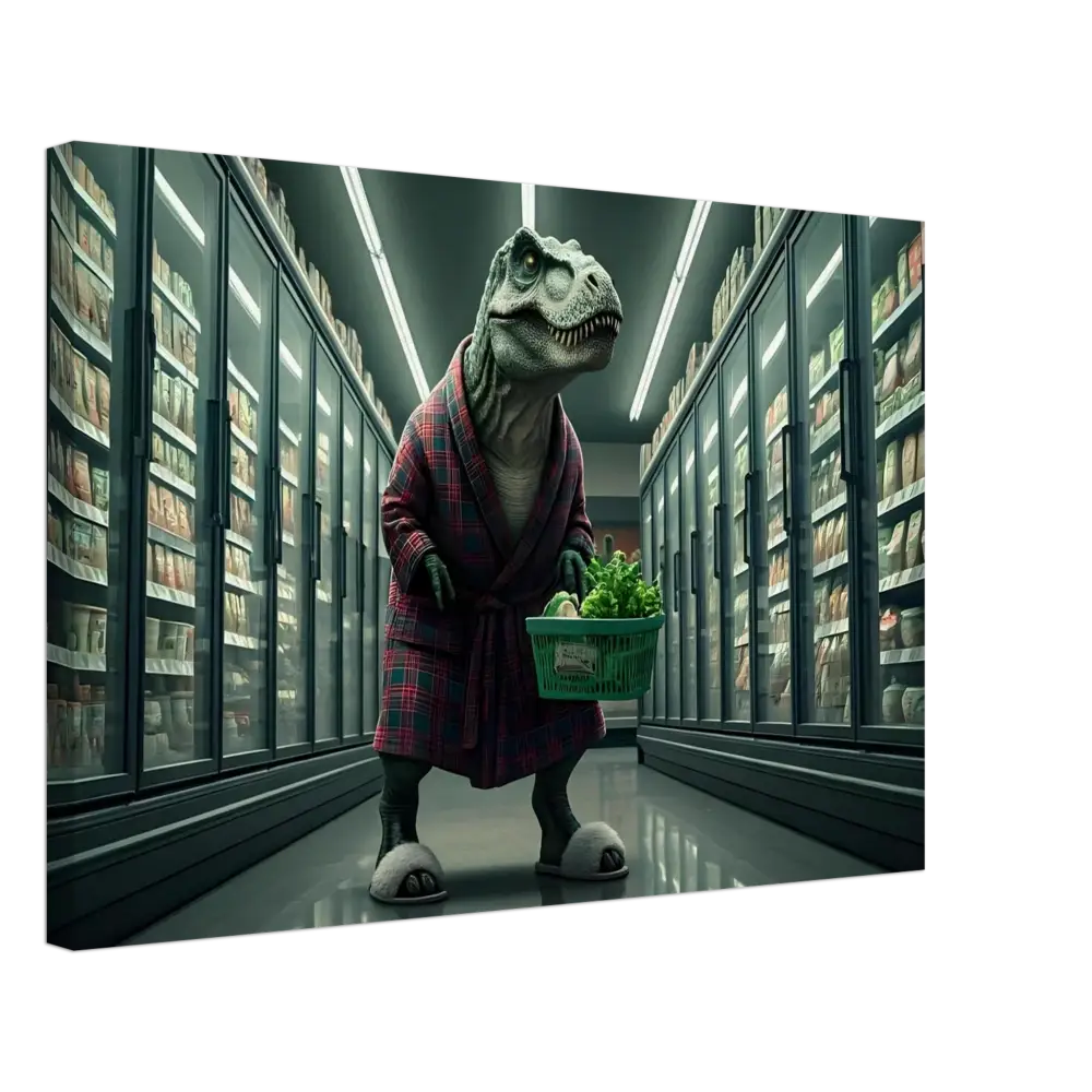 Dinosaur in robe holding grocery basket Canvas Wall Art for Late-Night Grocery Rex Print