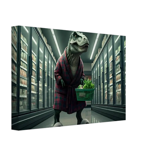 Dinosaur in robe shopping for groceries displayed as Canvas Wall Art by PixiOnyx