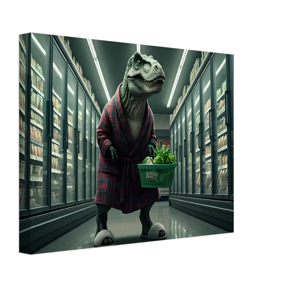 Dinosaur in a robe carrying groceries for Late-Night Grocery Rex Canvas Wall Art