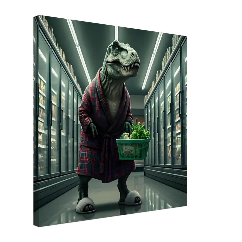Dinosaur in robe shopping for groceries in a humorous canvas wall art by PixiOnyx