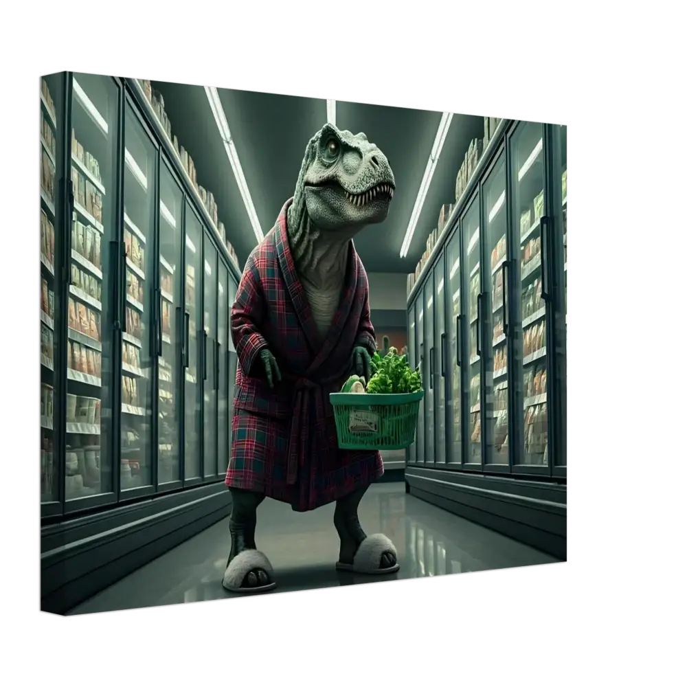 Dinosaur in robe carrying groceries wall art featuring a comical Rex creature for home decor