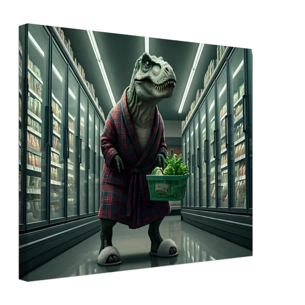 Dinosaur in robe with shopping basket wall art for Late-Night Grocery Rex Canvas Print
