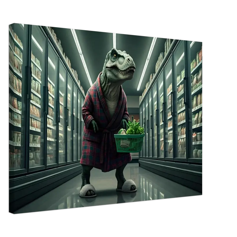 Dinosaur in a robe holding a shopping basket for Late-Night Grocery Rex Canvas Wall Art