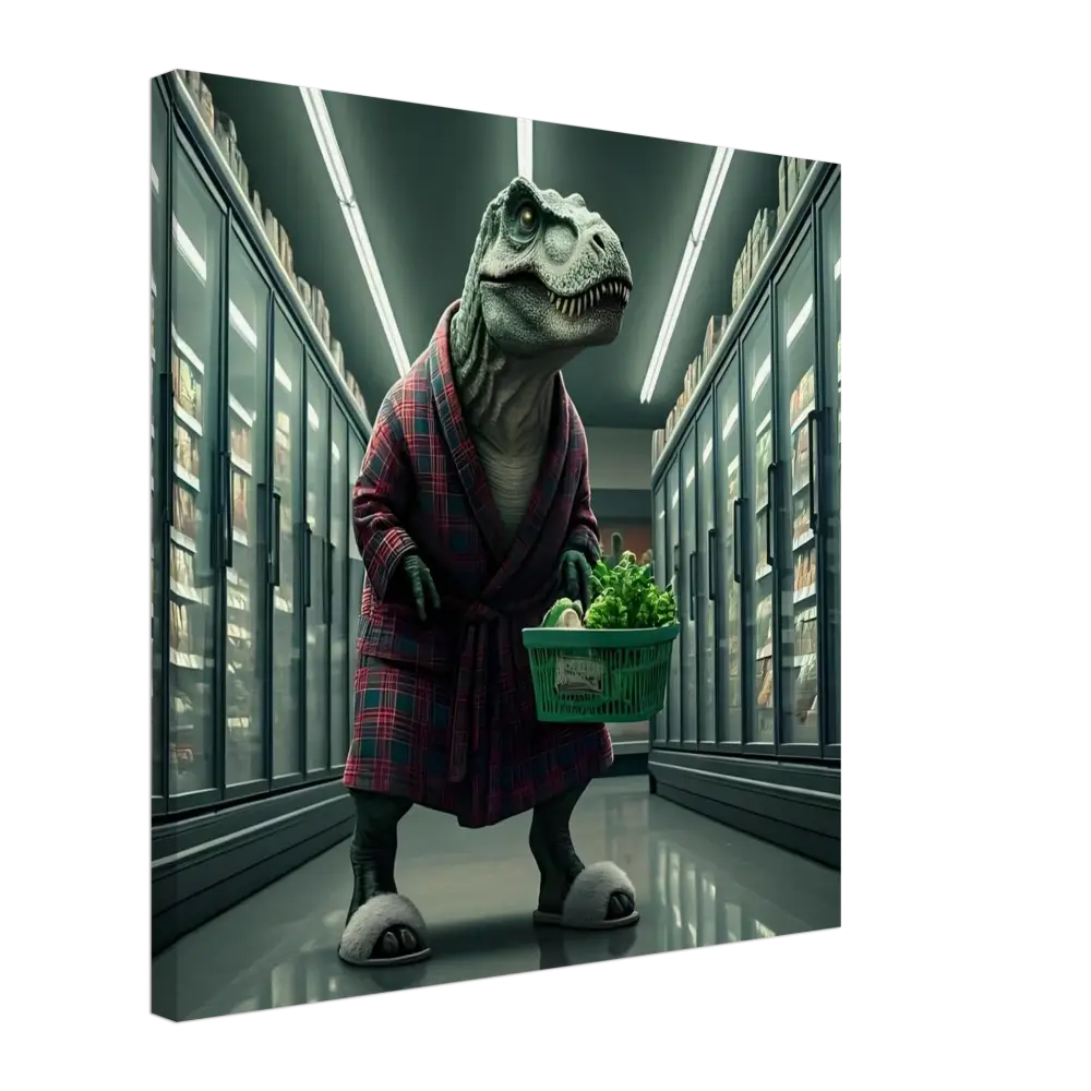 Dinosaur in a robe holding a shopping basket on the Late-Night Grocery Rex canvas wall art