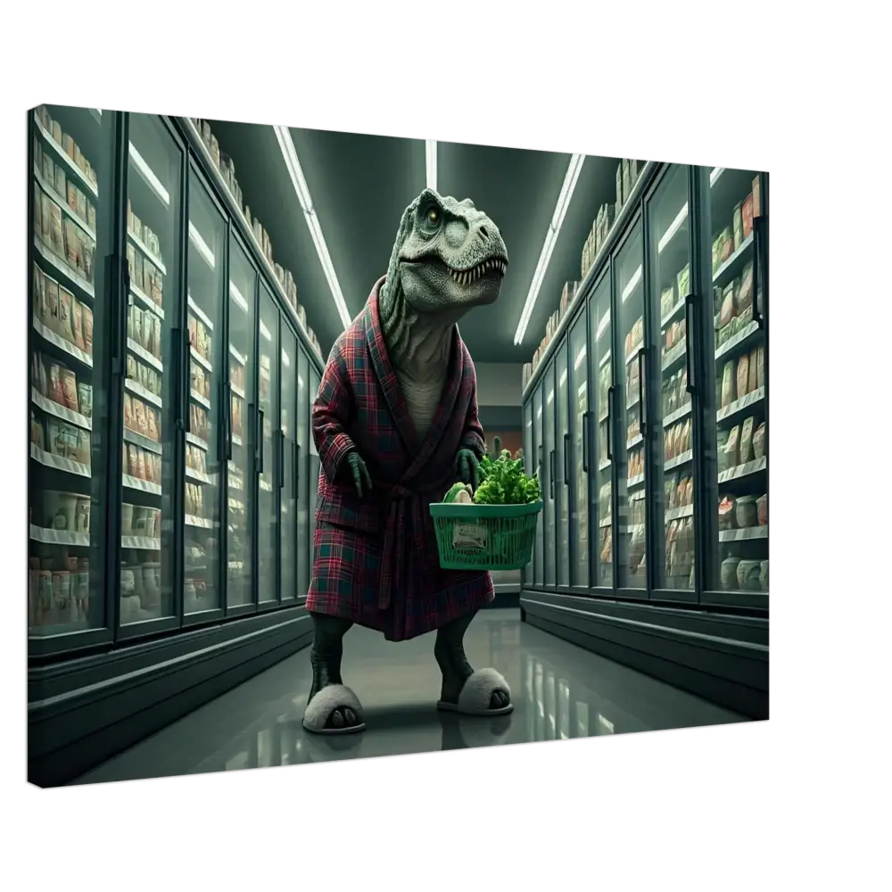 Dinosaur in robe shopping for greens, featured on Late-Night Grocery Rex Canvas Wall Art
